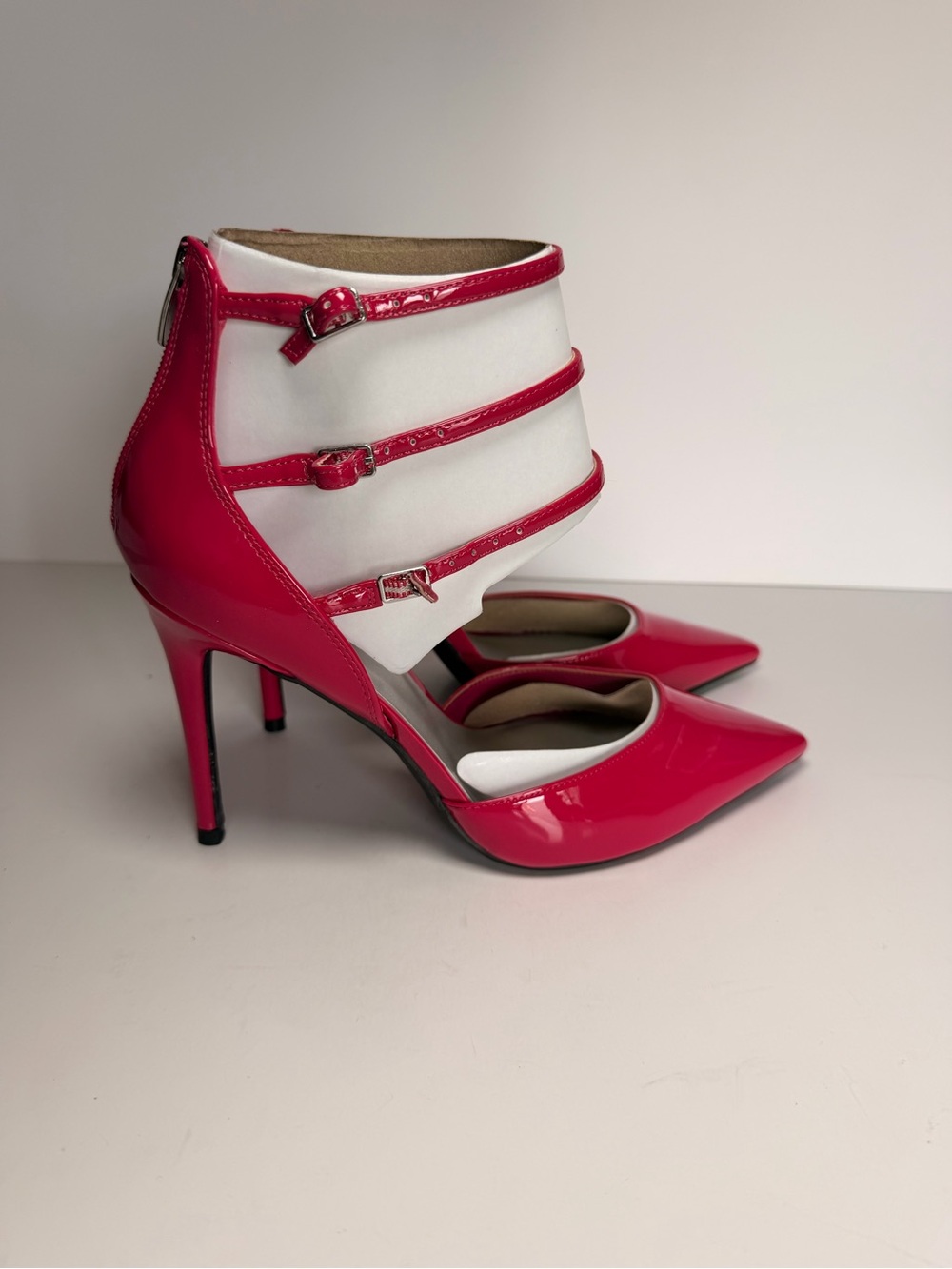 Nine West Hot Pink and White Strappy Patent Stiletto Heels